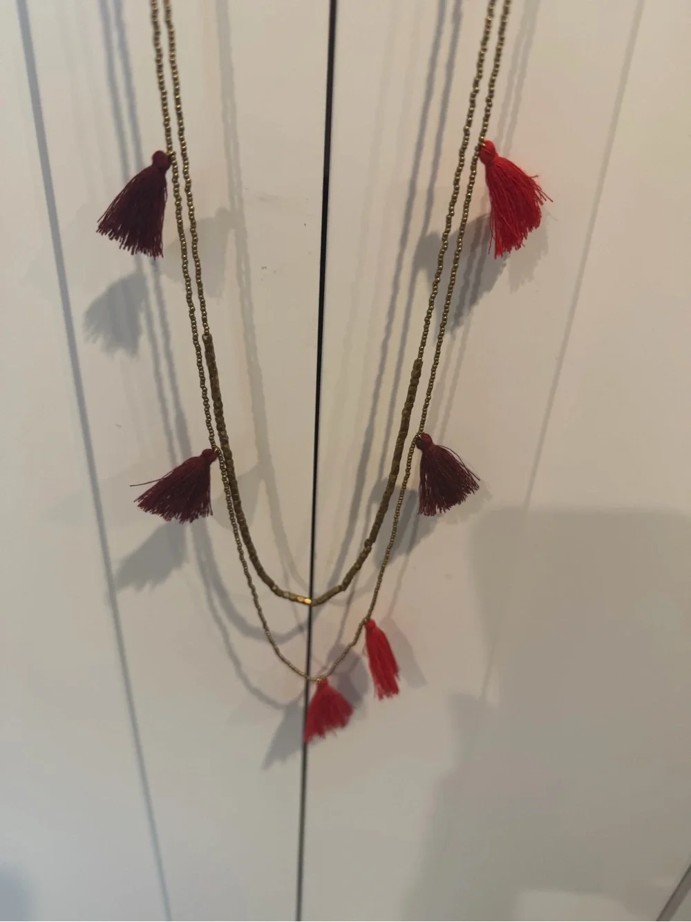 Serafina Boho Layered Tassel Necklace - Gold & Red